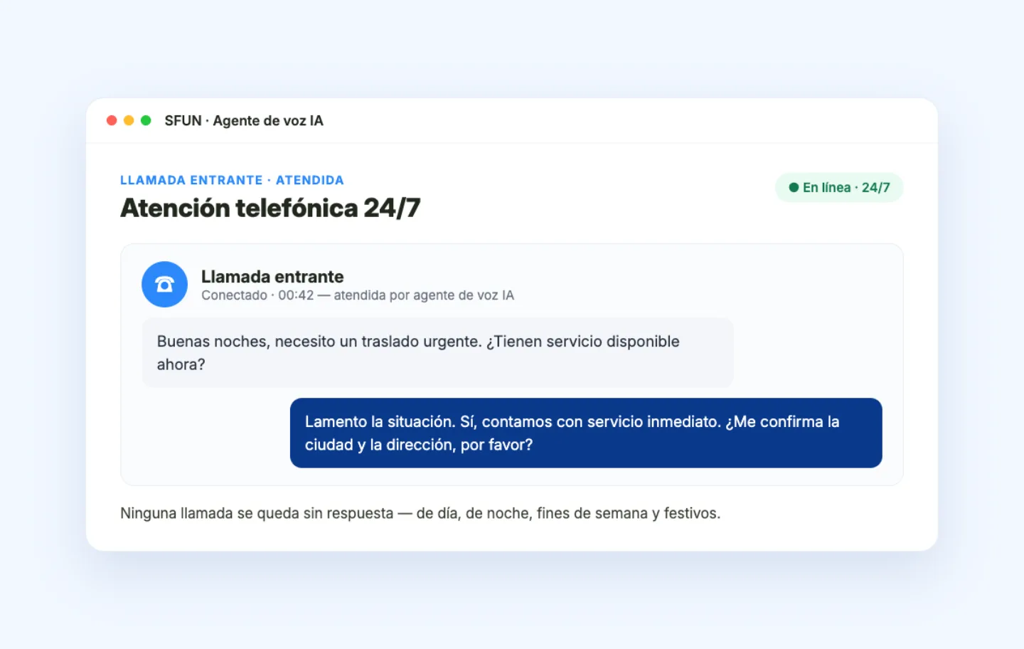 Agente de voz IA de SFUN atendiendo una llamada entrante 24/7 con transcripción de la conversación