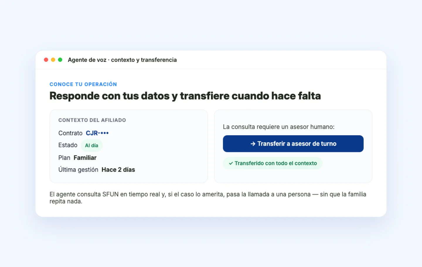 Agente de voz con el contexto del afiliado en SFUN y opción de transferir la llamada a un asesor humano
