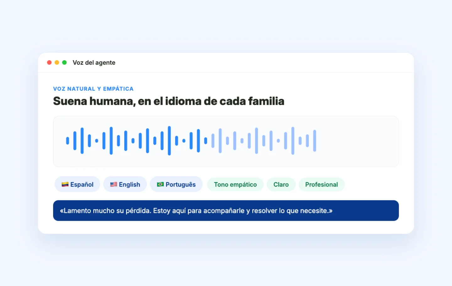 Voz del agente IA con onda de audio, idiomas español, inglés y portugués y tono empático