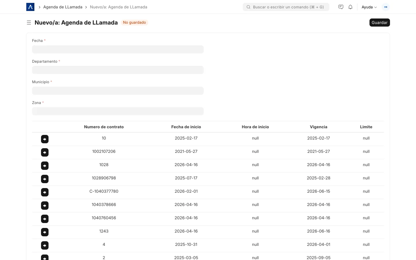Agenda de llamadas del call center en SFUN organizada por zona