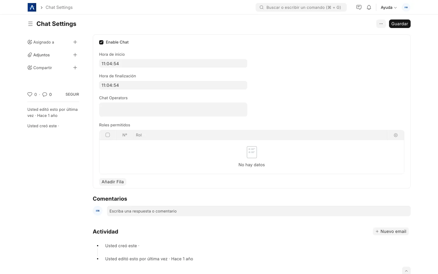 Configuración de horarios de atención y disponibilidad del chat en SFUN