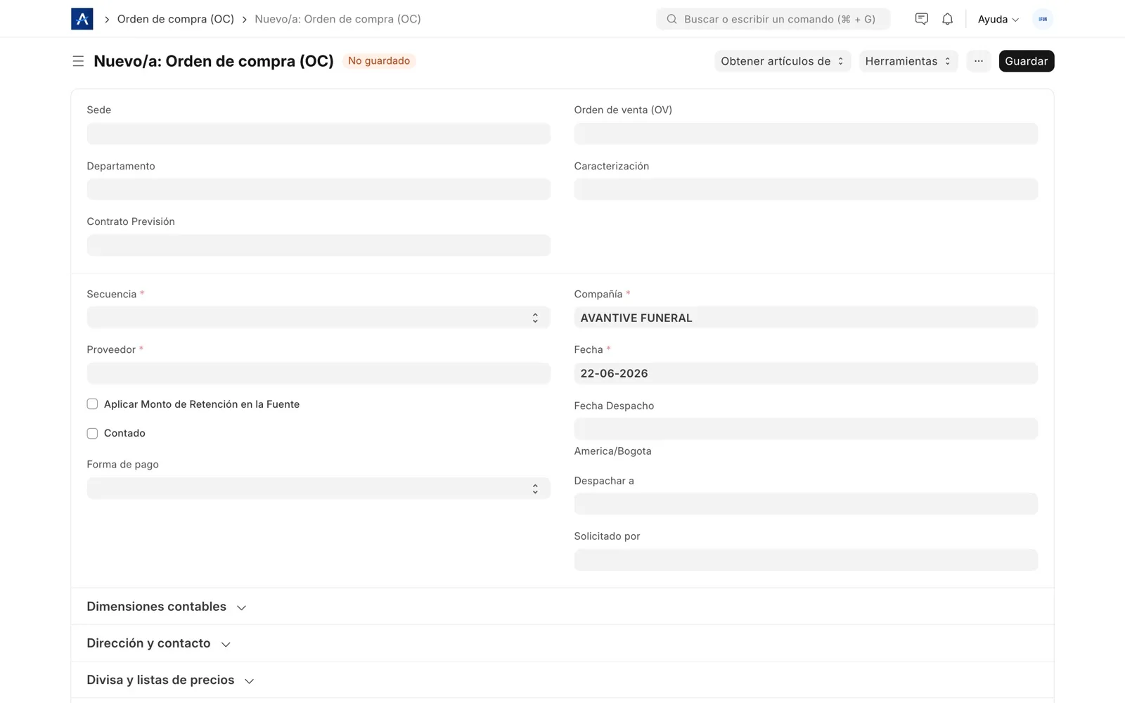 Orden de compra a proveedor en SFUN