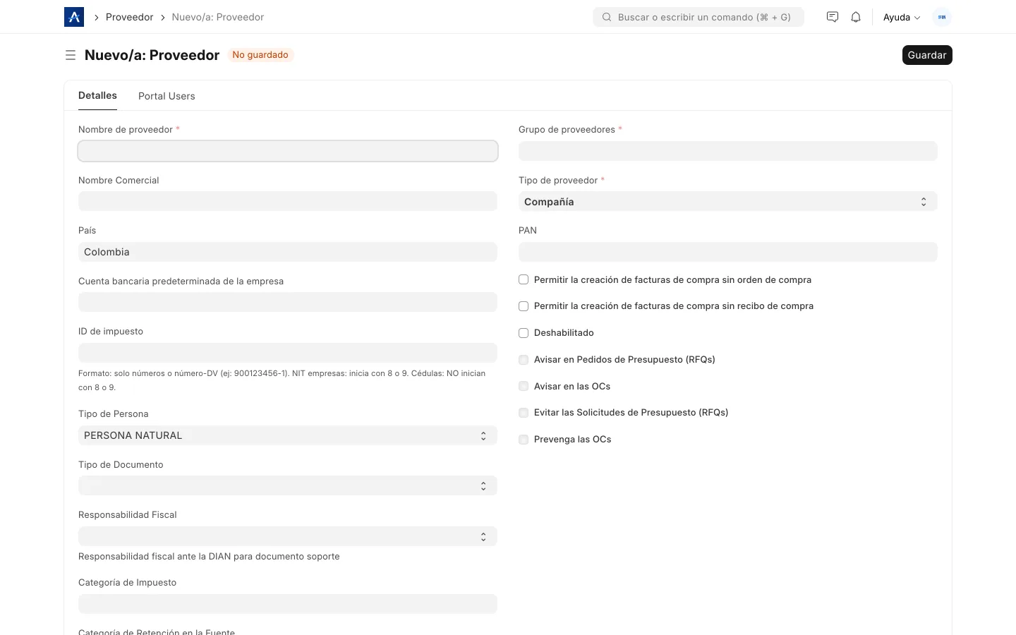 Formulario de proveedor en SFUN con datos del proveedor, grupo, términos de pago y configuración de compras