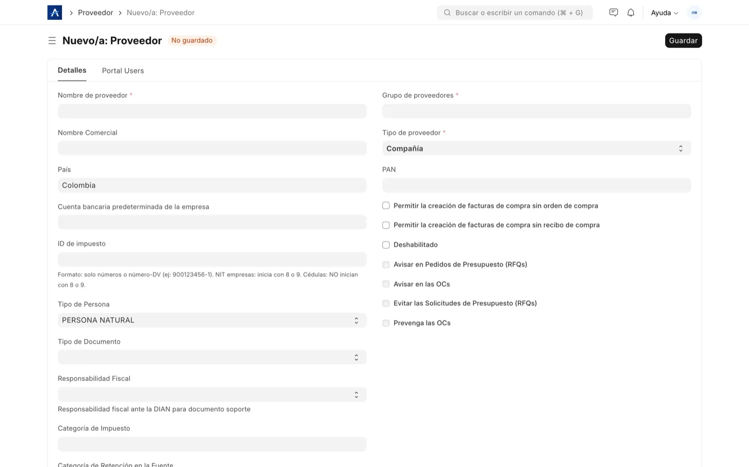 Registro de un proveedor en SFUN con sus datos y condiciones