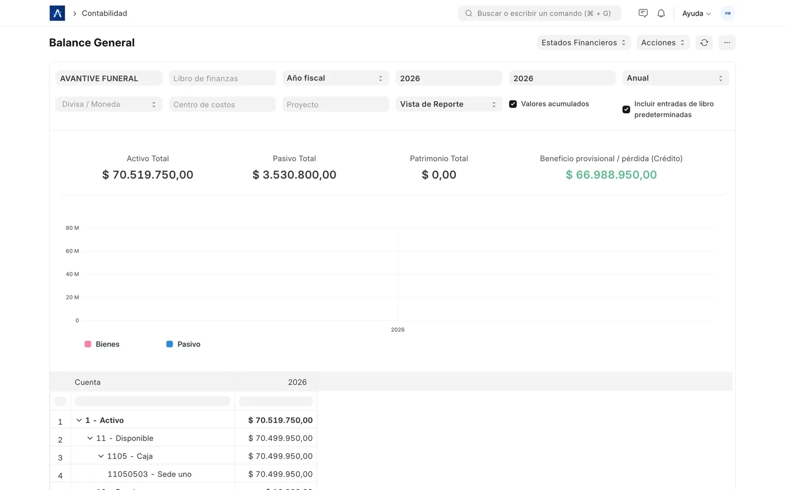 Balance general en SFUN con activos, pasivos y patrimonio por cuenta