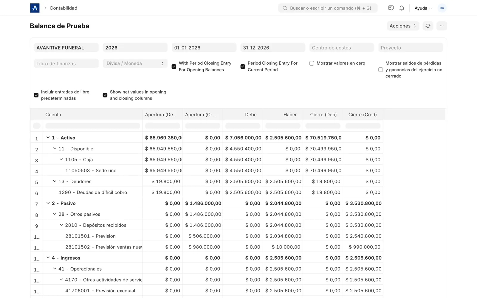 Balance de prueba en SFUN para validar saldos antes de presentar