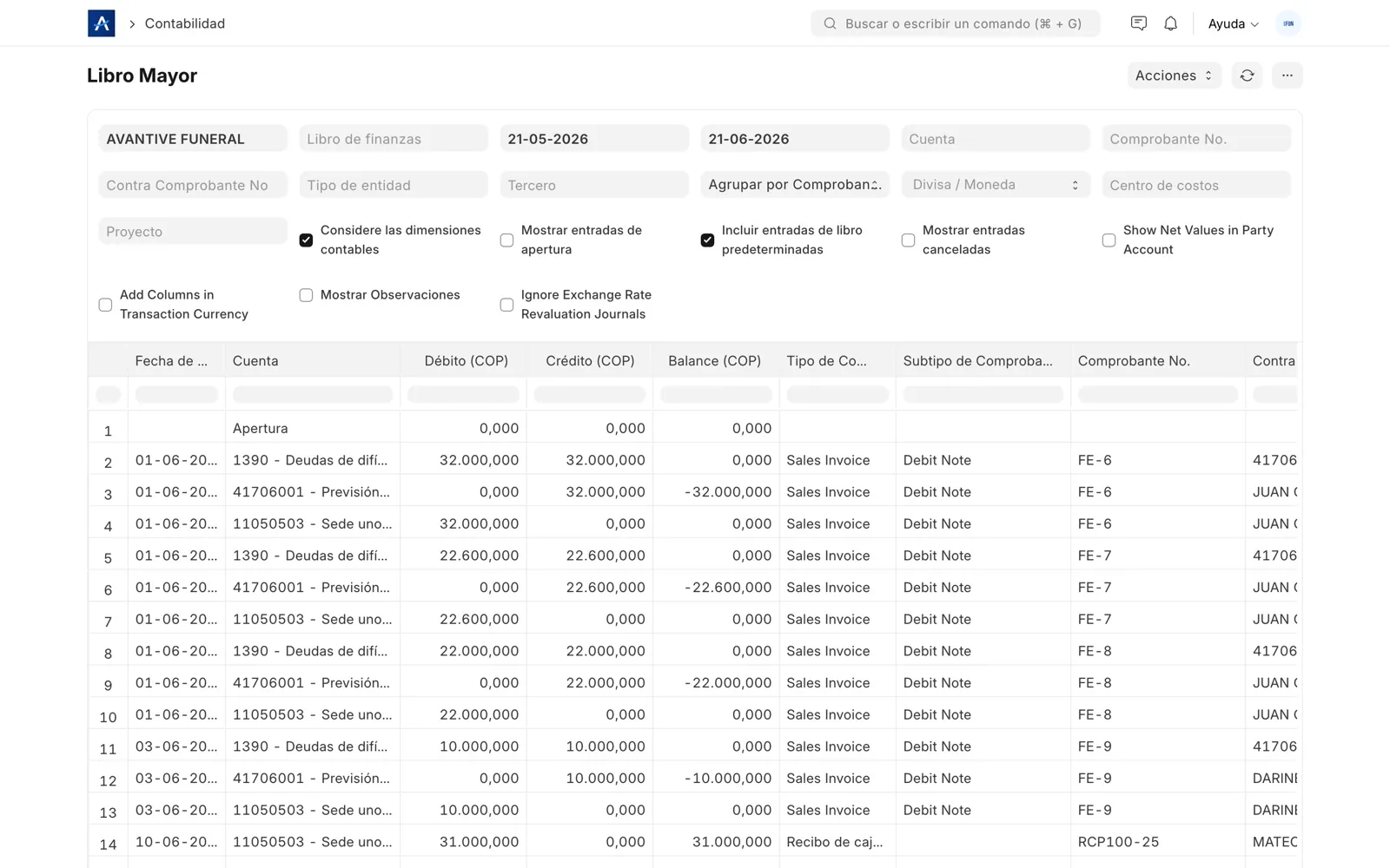 Reporte de libro mayor en SFUN con movimientos contables por cuenta y periodo