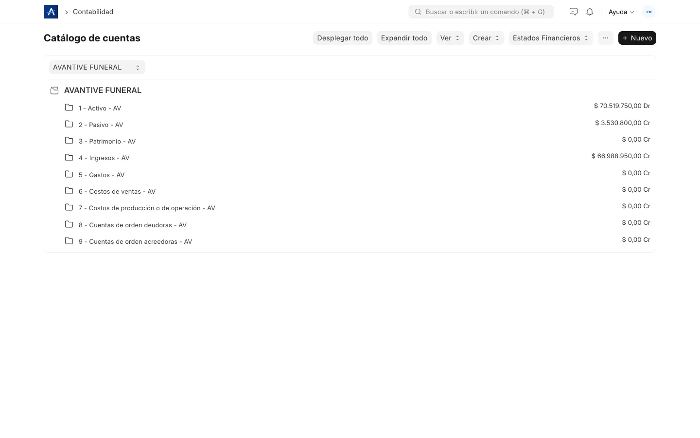 Árbol del plan de cuentas en SFUN para mapear cuentas contables a conceptos