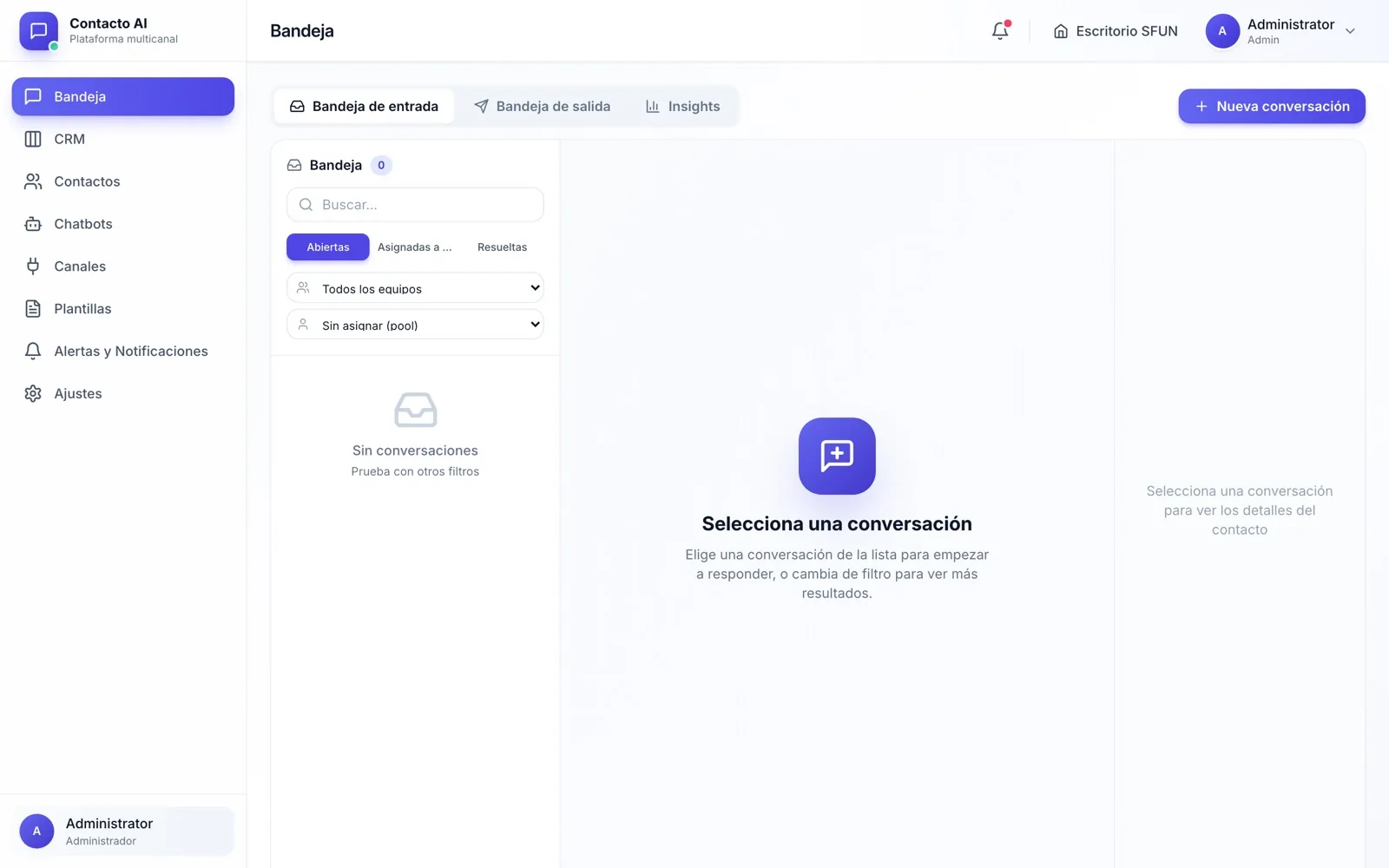 Bandeja de agentes de Contacto AI con filtros por equipo y asignación