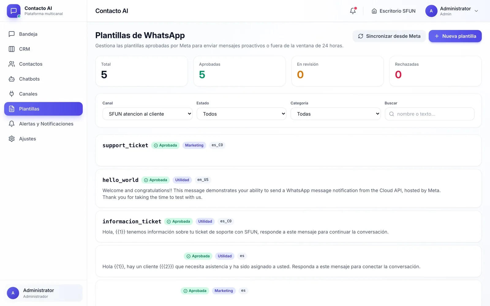 Plantillas de WhatsApp aprobadas por Meta en Contacto AI