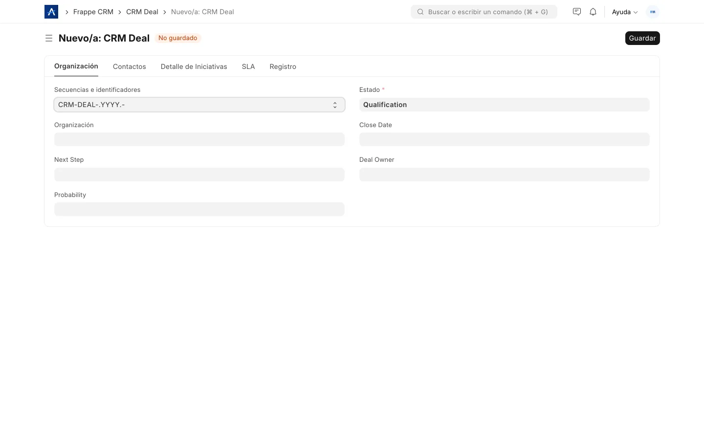 Formulario de oportunidad (deal) en el CRM de SFUN con organización, contactos y seguimiento
