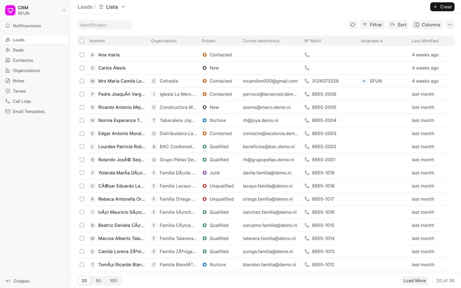 CRM de SFUN mostrando la lista de leads con su estado, organización, contacto y asignación