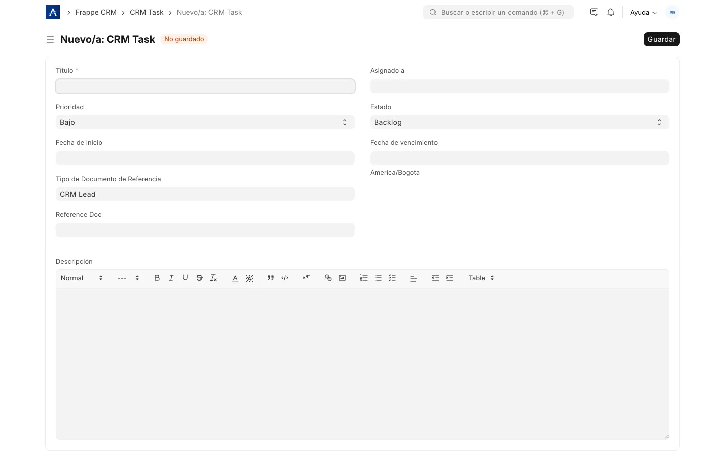 Tarea de seguimiento en el CRM de SFUN con responsable, fecha y prioridad