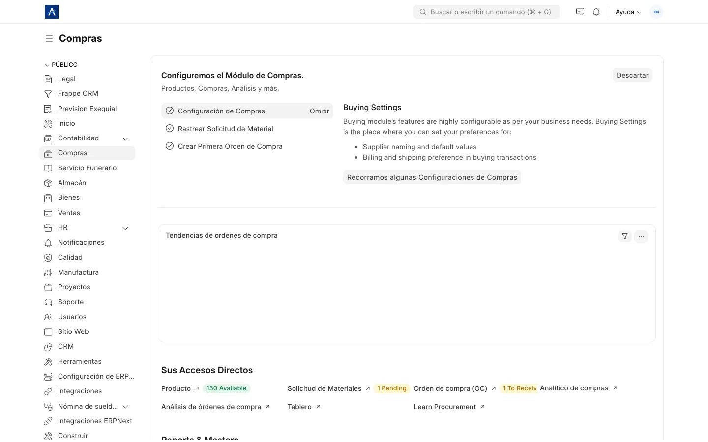 Panel de compras de SFUN con órdenes y proveedores