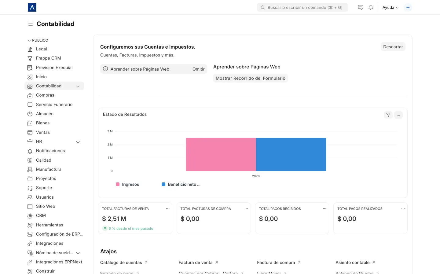 Panel de contabilidad de SFUN con cuentas, reportes y herramientas financieras