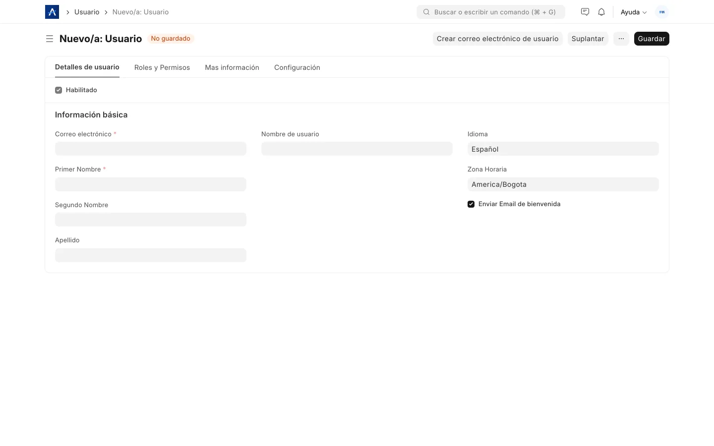 Formulario de usuario en SFUN con datos de acceso, roles y permisos para cada miembro del equipo
