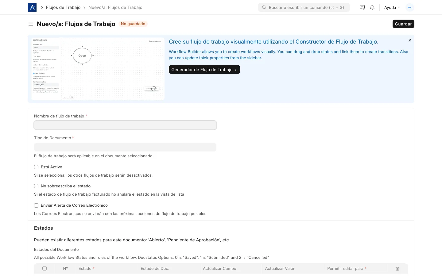 Configuración de un flujo de trabajo (workflow) en SFUN con estados y transiciones