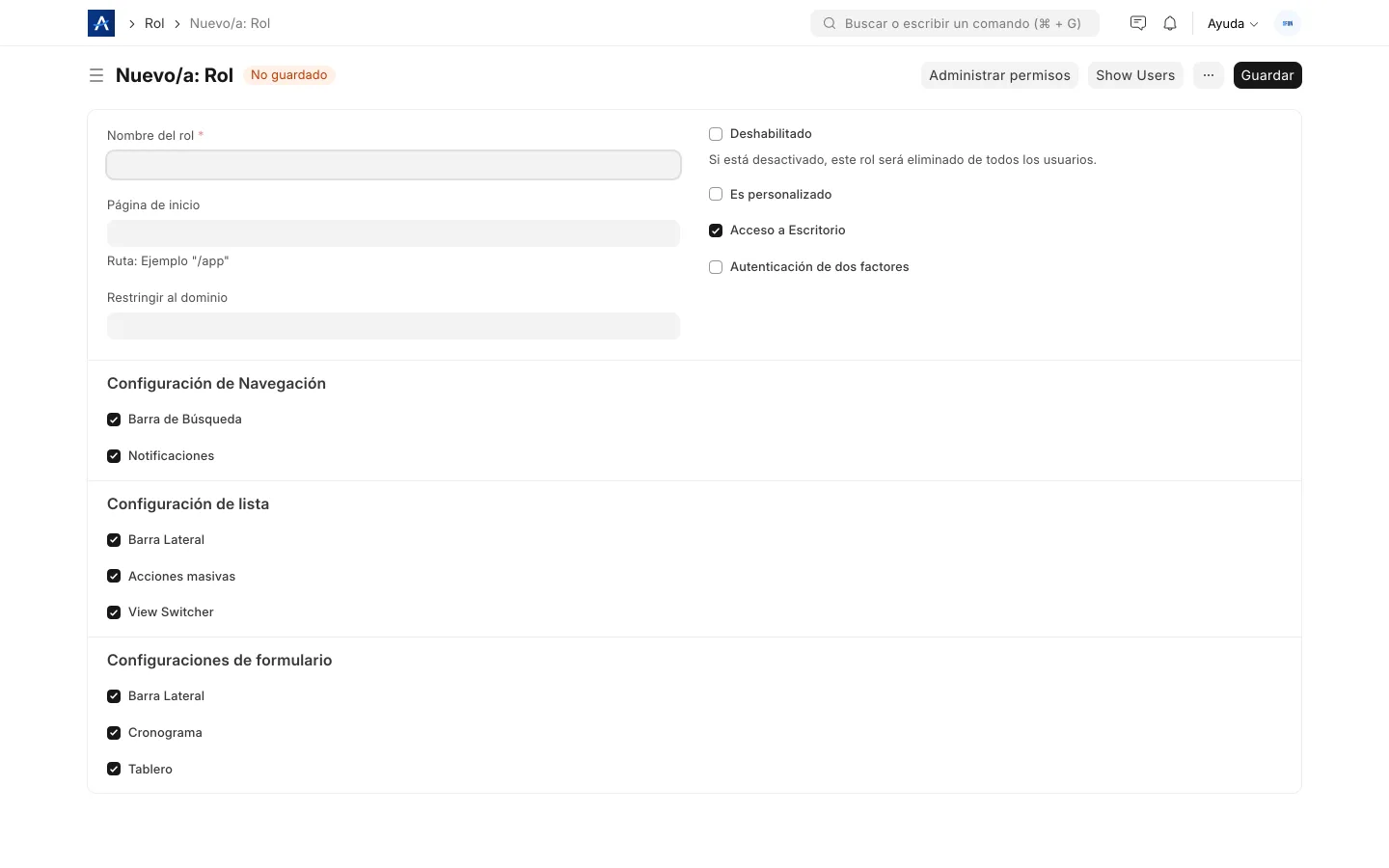 Definición de un rol en SFUN con sus permisos a la medida de la organización