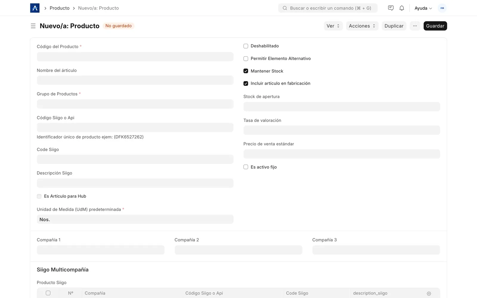 Creación de un artículo de inventario en SFUN con sus datos y control de stock