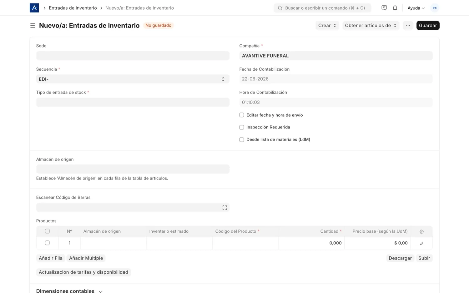Movimiento de inventario de entrada o salida en SFUN