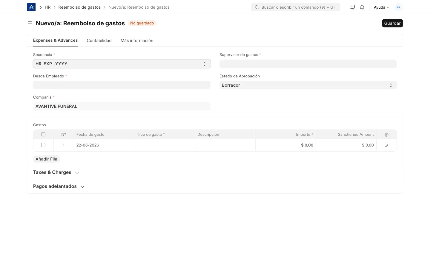 Solicitud de gastos y reembolsos en SFUN con conceptos y montos