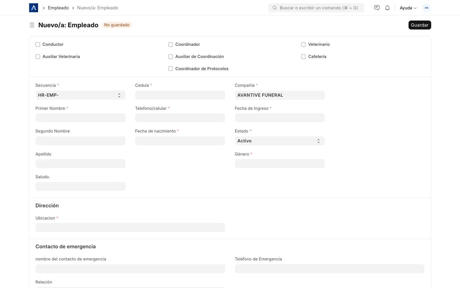 Ficha de empleado en el módulo de recursos humanos de SFUN
