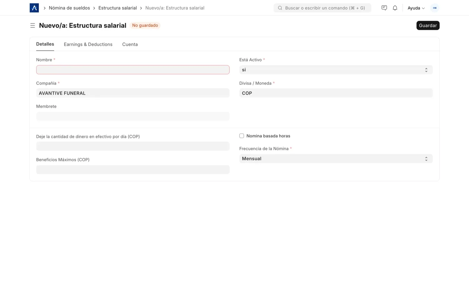 Estructura salarial en el módulo de recursos humanos de SFUN