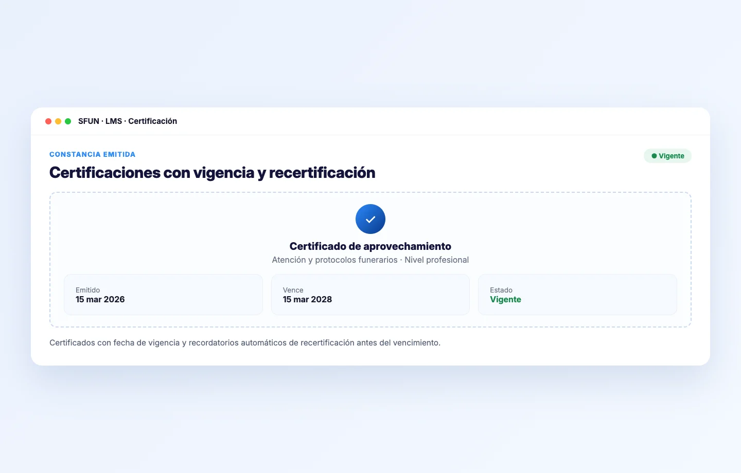 Mockup de un certificado en el LMS de SFUN con fechas de vigencia y recertificación
