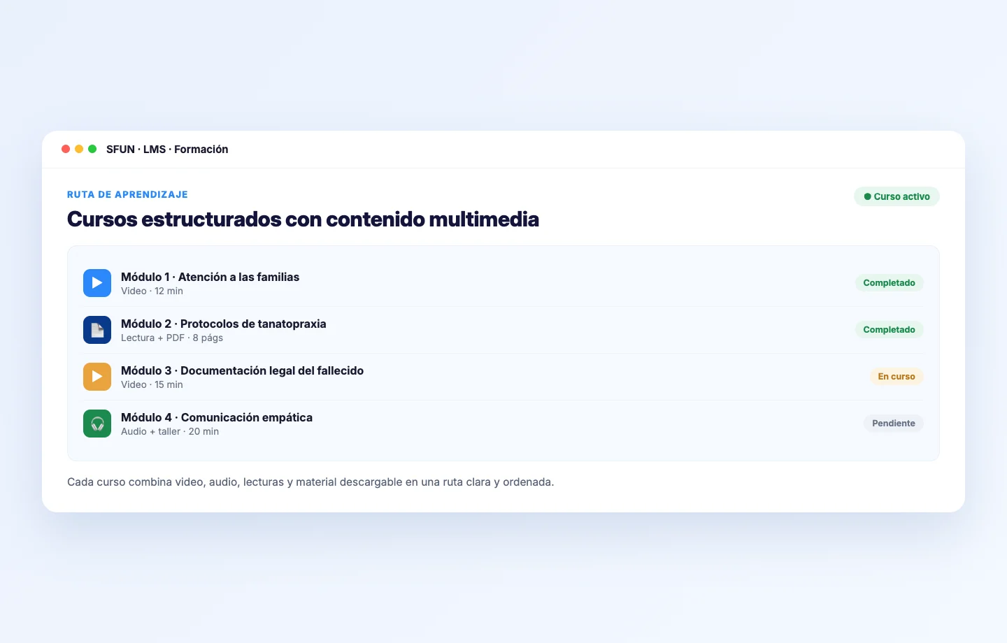 Mockup de un curso en el LMS de SFUN con módulos en video, audio, lectura y PDF