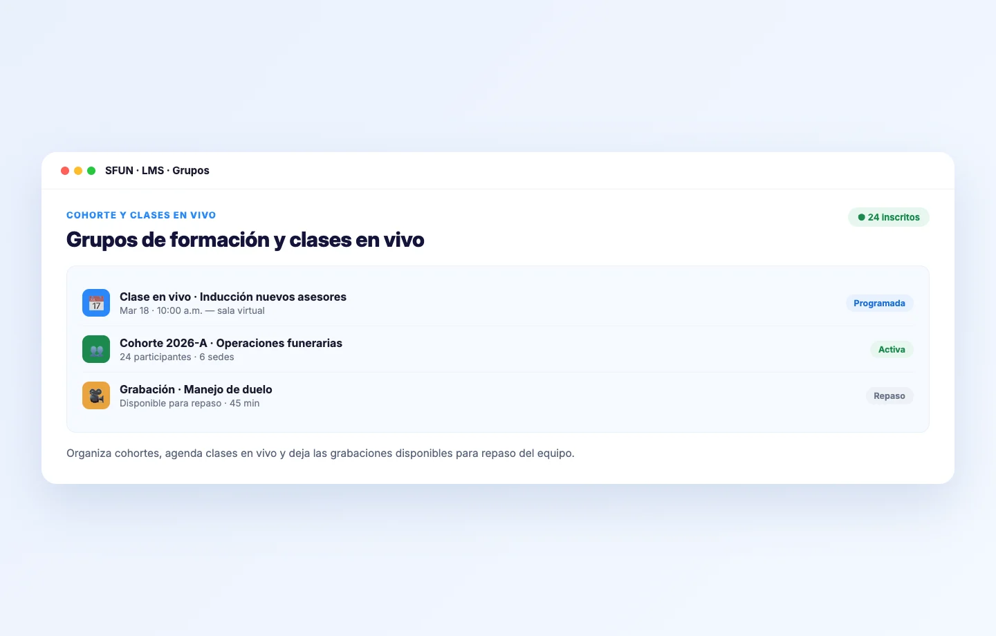 Mockup de cohortes y clases en vivo en el LMS de SFUN