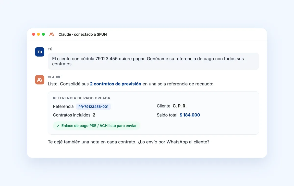 Claude conectado a SFUN generando una referencia de pago consolidada para un cliente
