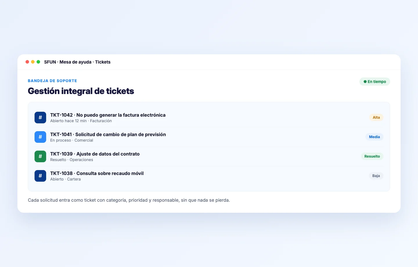 Mockup de la bandeja de tickets de la mesa de ayuda de SFUN con prioridad y responsable
