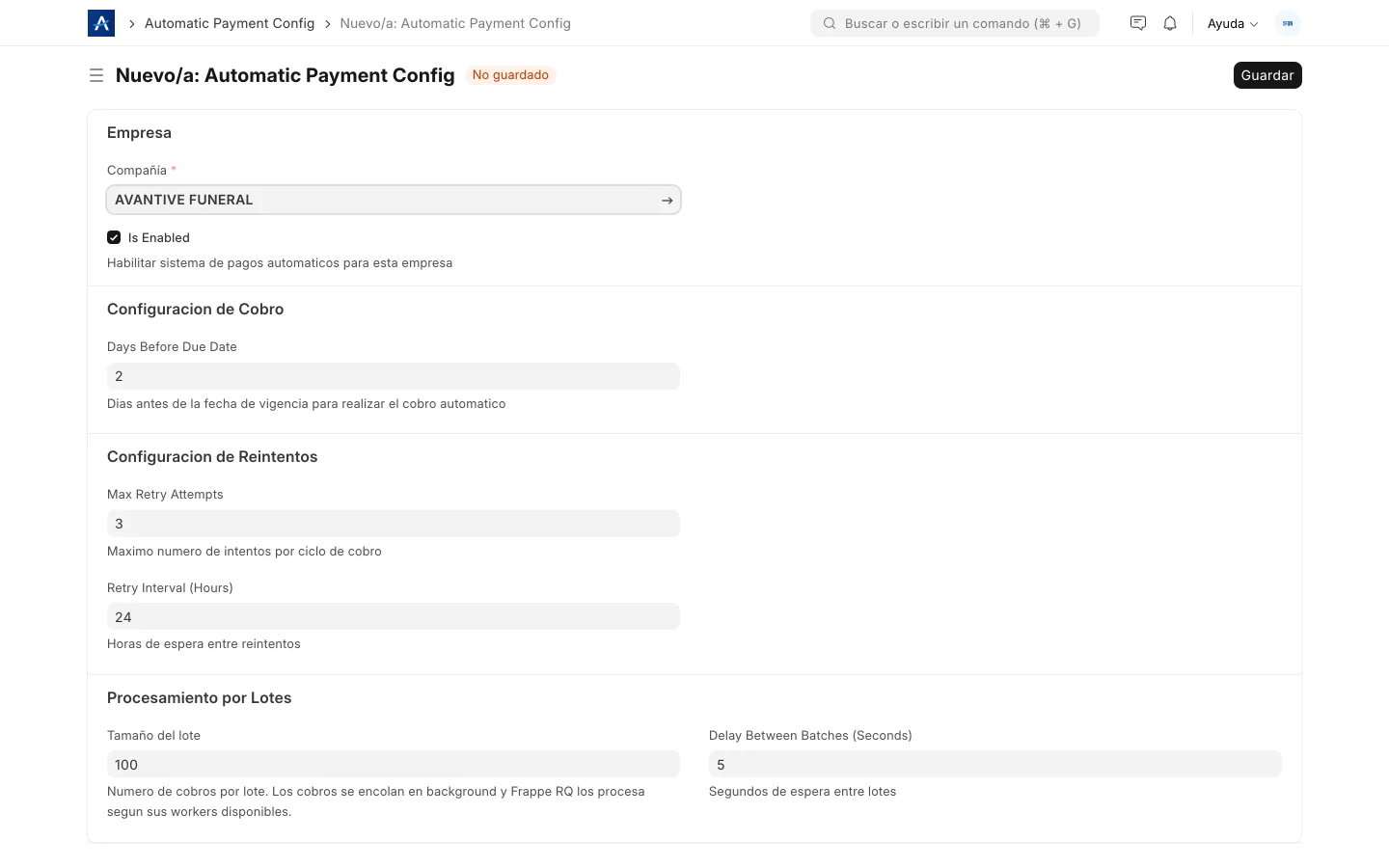 Configuración de pago automático recurrente en SFUN, seguro y programado