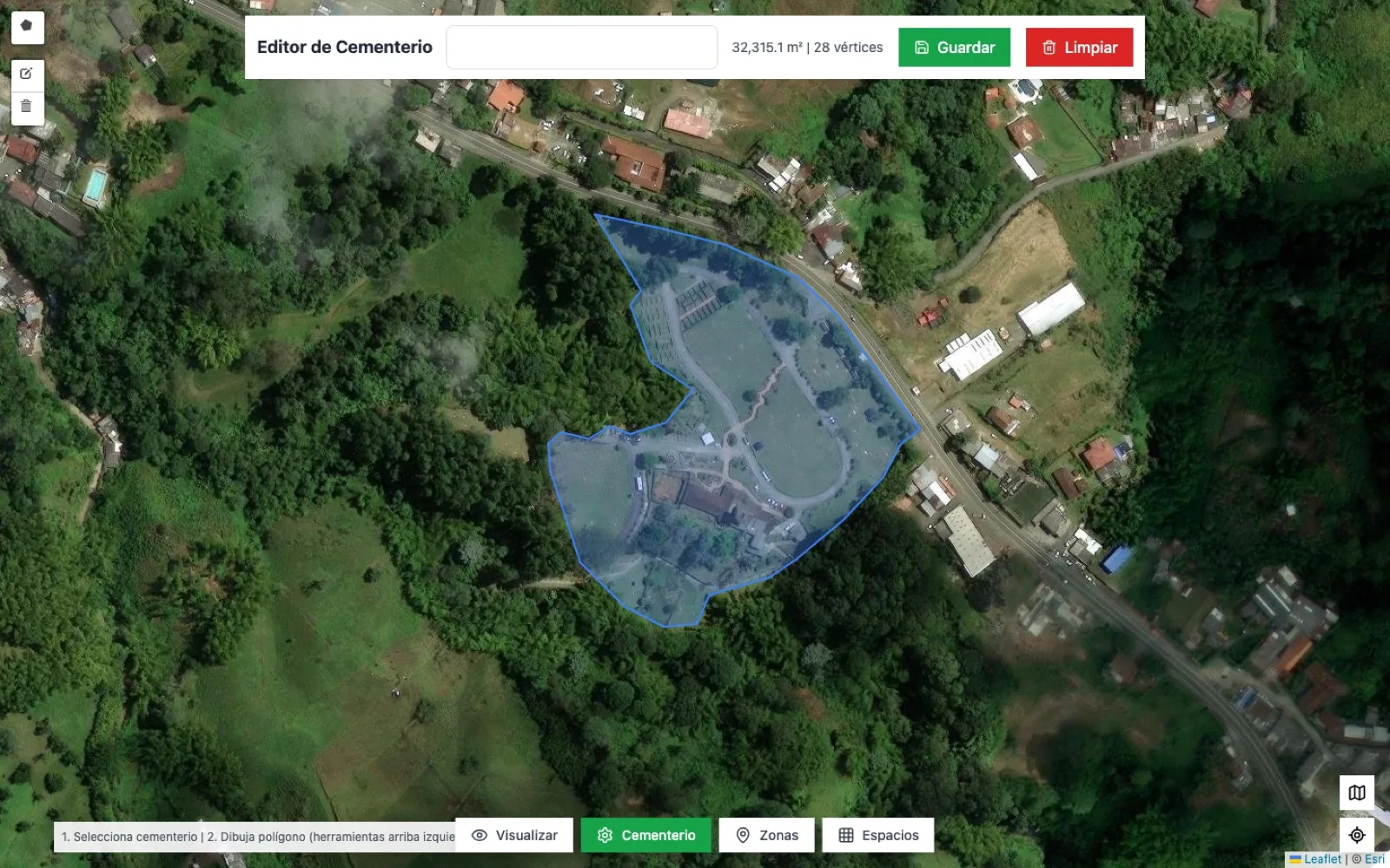 Mapa de geolocalización de un parque memorial en SFUN, con el polígono del cementerio dibujado sobre la imagen satelital