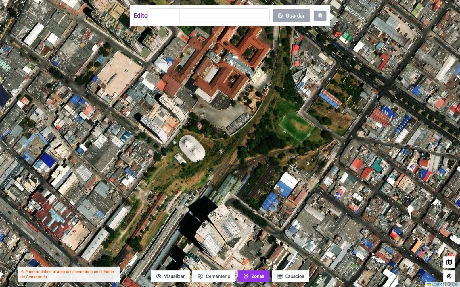 Vista de zonas de un parque cementerio en SFUN, con las áreas del camposanto delimitadas sobre el mapa