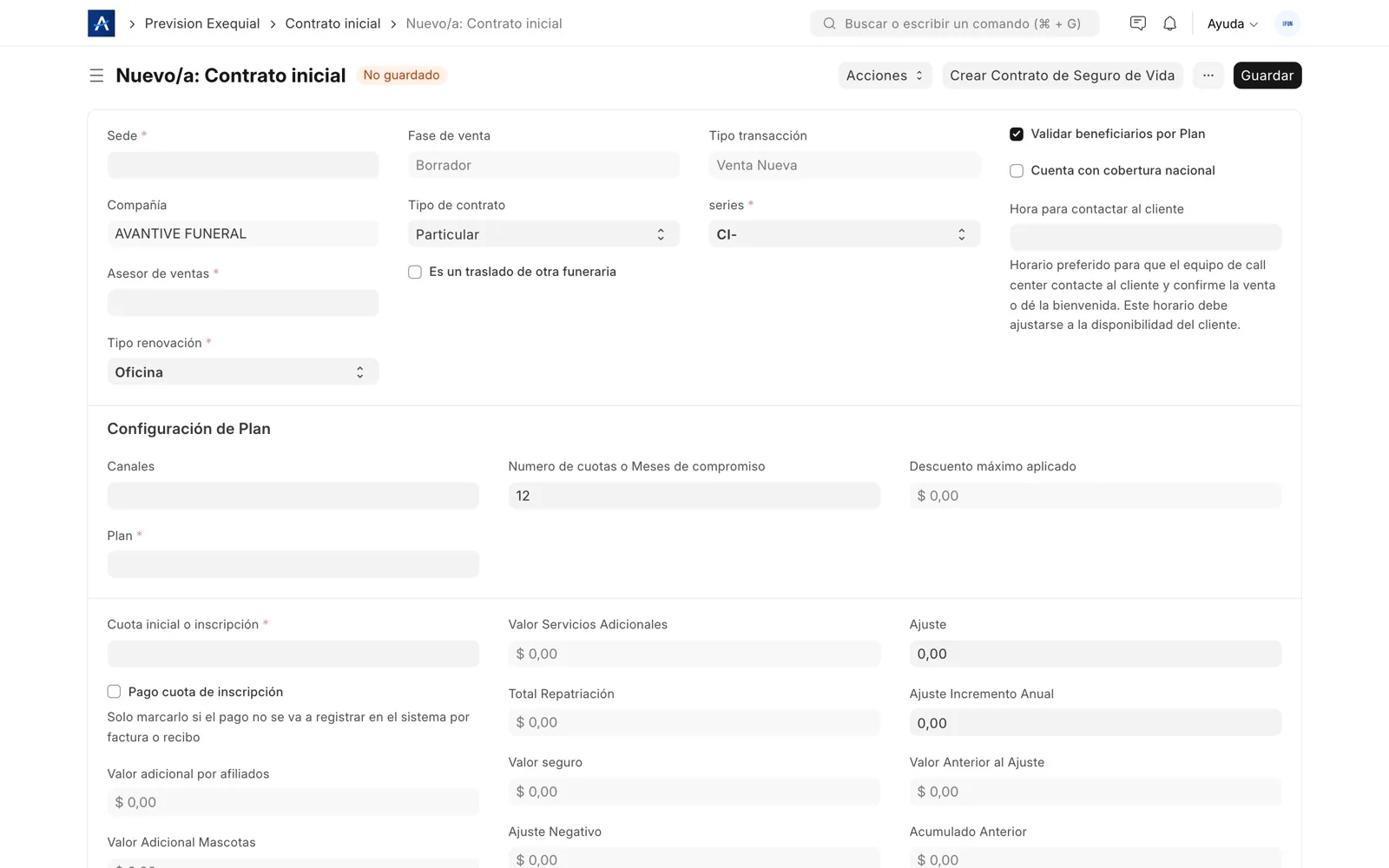 Creación de un contrato de previsión exequial en SFUN con su configuración de plan