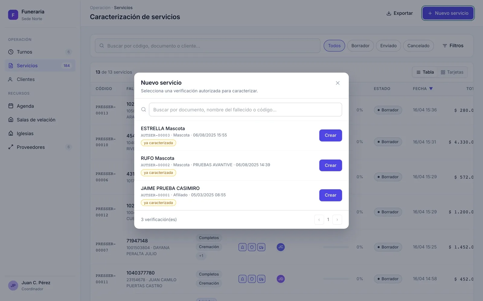 Asistente para crear un nuevo servicio funerario en SFUN, seleccionando una verificación autorizada para caracterizar