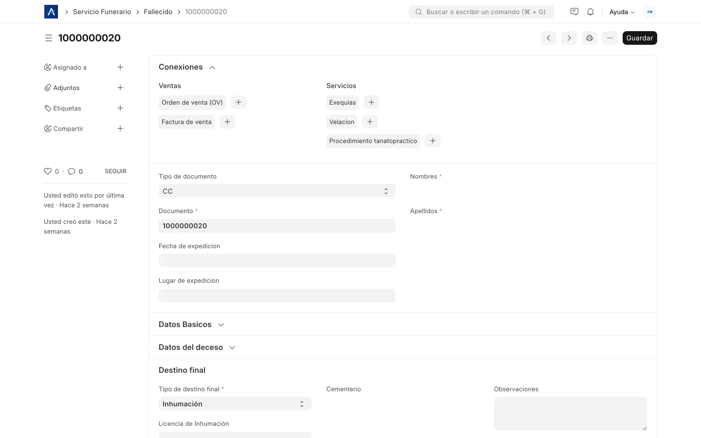 Ficha del fallecido en SFUN con tipo y número de documento, datos del deceso, destino final y conexiones a ventas y servicios