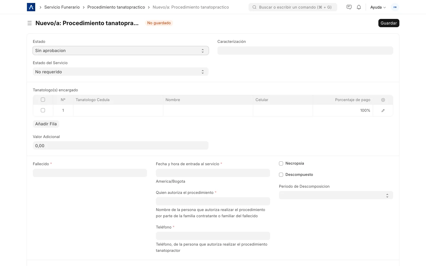 Procedimiento tanatopráctico en SFUN con tanatólogos a cargo, fallecido, autorización del procedimiento y control de necropsia y descomposición