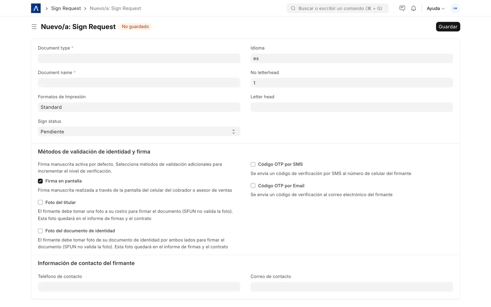 Solicitud de firma digital en SFUN con métodos de validación de identidad