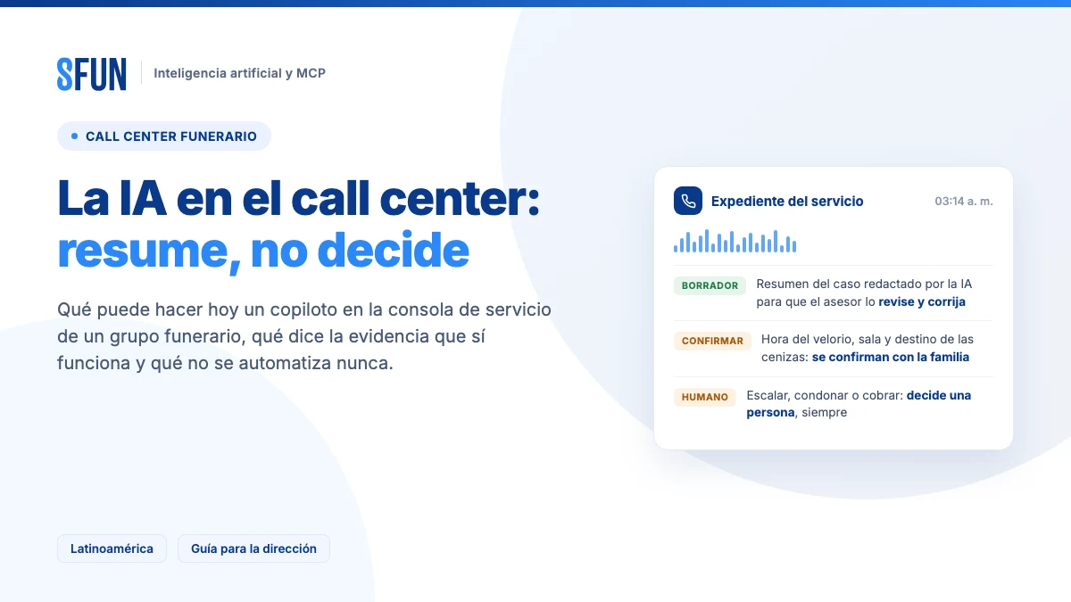 Consola de servicio de un call center funerario asistida con IA y MCP, con el resumen del caso como borrador y las decisiones reservadas a una persona