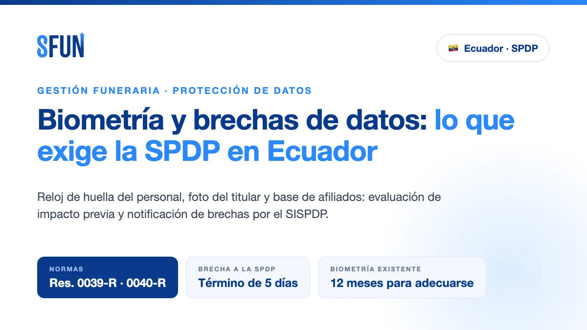 Norma de datos biométricos y norma técnica de notificación de brechas de la SPDP de Ecuador aplicadas a funerarias y parques cementerio